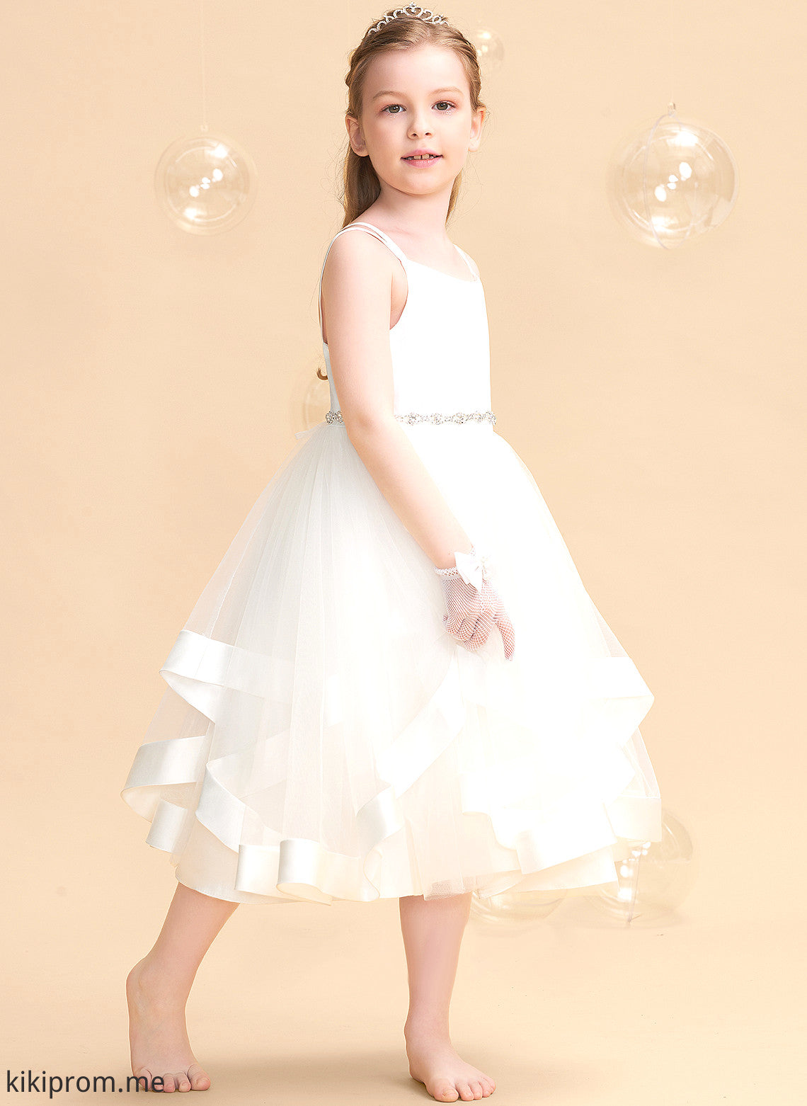 Lindsey Tea-length Straps Girl Flower With Beading Flower Girl Dresses Dress A-Line Satin/Tulle Sleeveless -