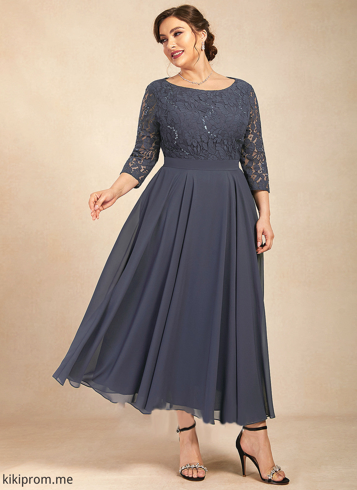 Dress Tea-Length Neck Chiffon the Mother Jessie Mother of the Bride Dresses Lace Sequins of With Scoop Bride A-Line