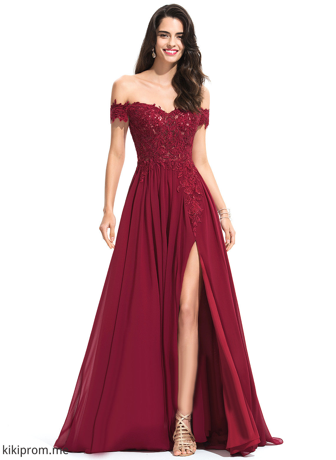 With Lace Off-the-Shoulder Sophia Sweep Chiffon Sequins A-Line Train Prom Dresses