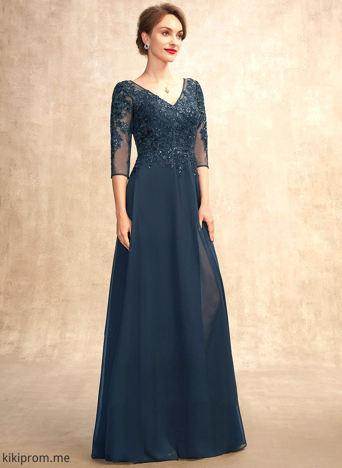 the V-neck Floor-Length Split Mother Dress Sequins A-Line Front of Mikayla Chiffon Mother of the Bride Dresses With Bride Lace