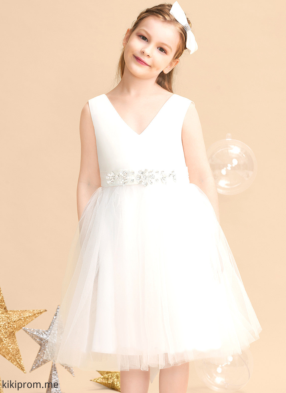 V-neck Flower Millicent Flower Girl Dresses With Sleeveless A-Line Girl Satin/Tulle - Dress Bow(s) Knee-length