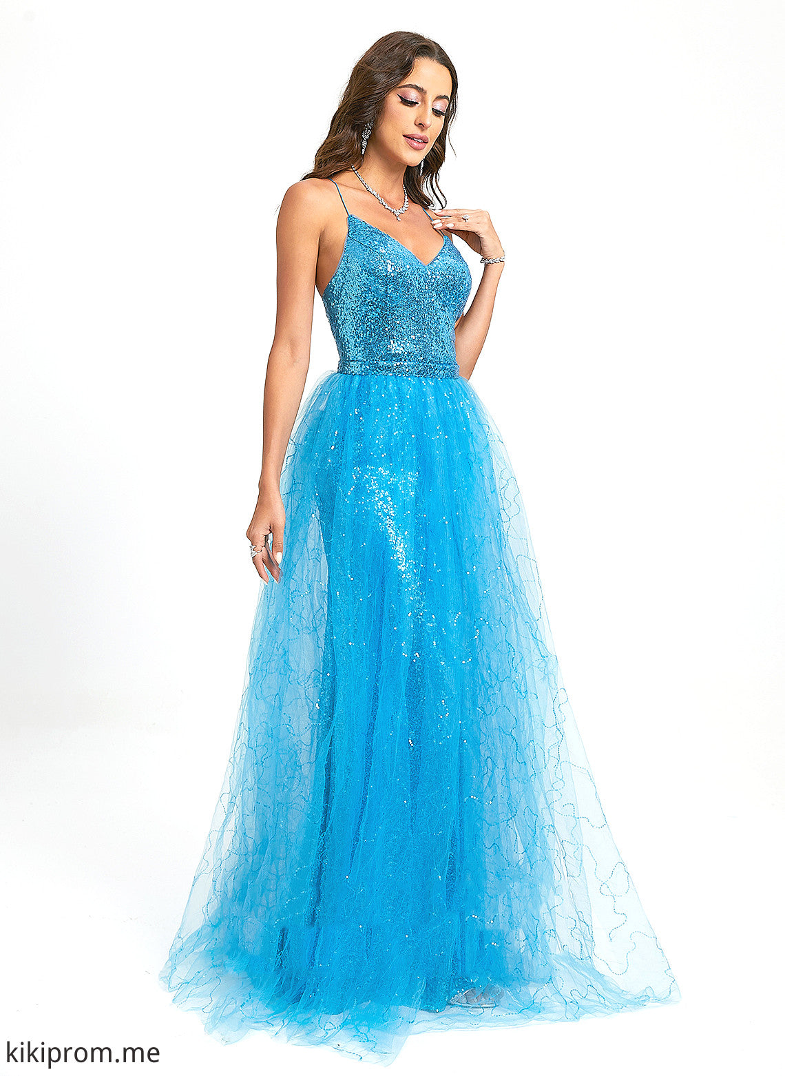 With Sequined Tulle Ball-Gown/Princess Prom Dresses Floor-Length Sequins Carolyn V-neck