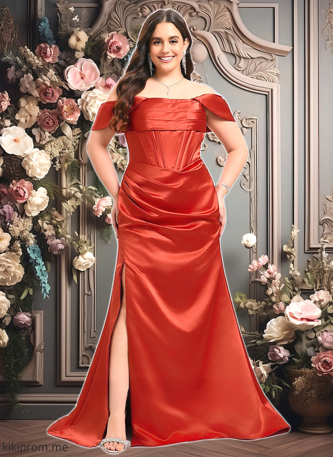 Scarlet Trumpet/Mermaid Off the Shoulder Sweep Train Satin Prom Dresses HFP0025832