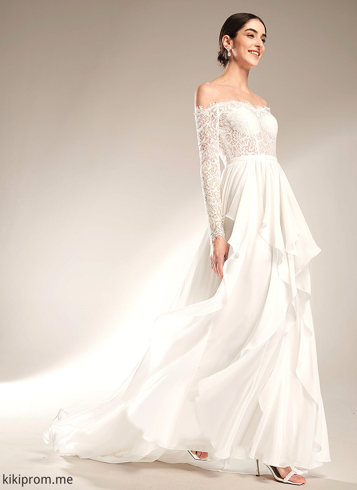 A-Line Court Wedding Dresses Train Chiffon Wedding With Lace Off-the-Shoulder Aaliyah Ruffle Dress