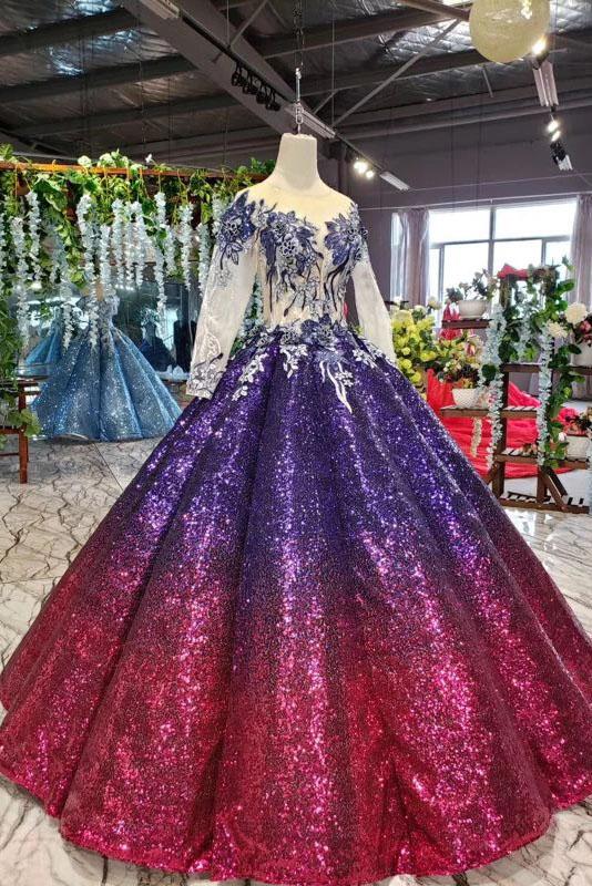 Ball Gown Ombre Sparkly Long Sleeve Sequins Prom Dresses, Quinceanera Dresses STF15066