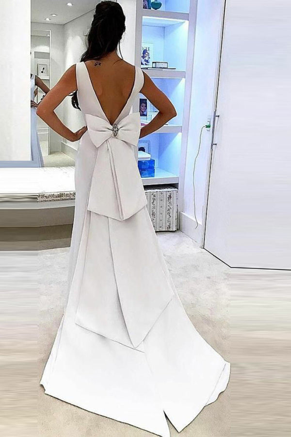 Simple Open Back V-Neck Long White Wedding Dresses P1583GTL