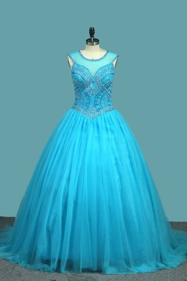 2024 Ball Gown Tulle Scoop Quinceanera Dresses Beaded Bodice PRFR7GN3