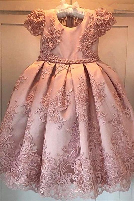 Princess Ball Gown Round Neck Pink Beads Flower Girl Dresses with Appliques STF15587