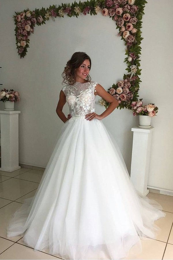 2024 Bateau A Line Wedding Dresses Tulle With Applique PT9ZKA6H