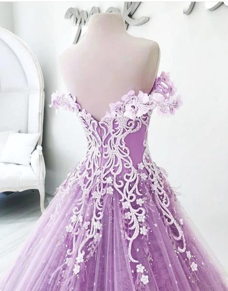 Ball Gown Off the Shoulder V Neck Tulle Lavender Beads Prom Dresses, Quinceanera Dresses STF15562