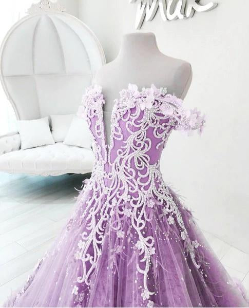 Ball Gown Off the Shoulder V Neck Tulle Lavender Beads Prom Dresses, Quinceanera Dresses STF15562