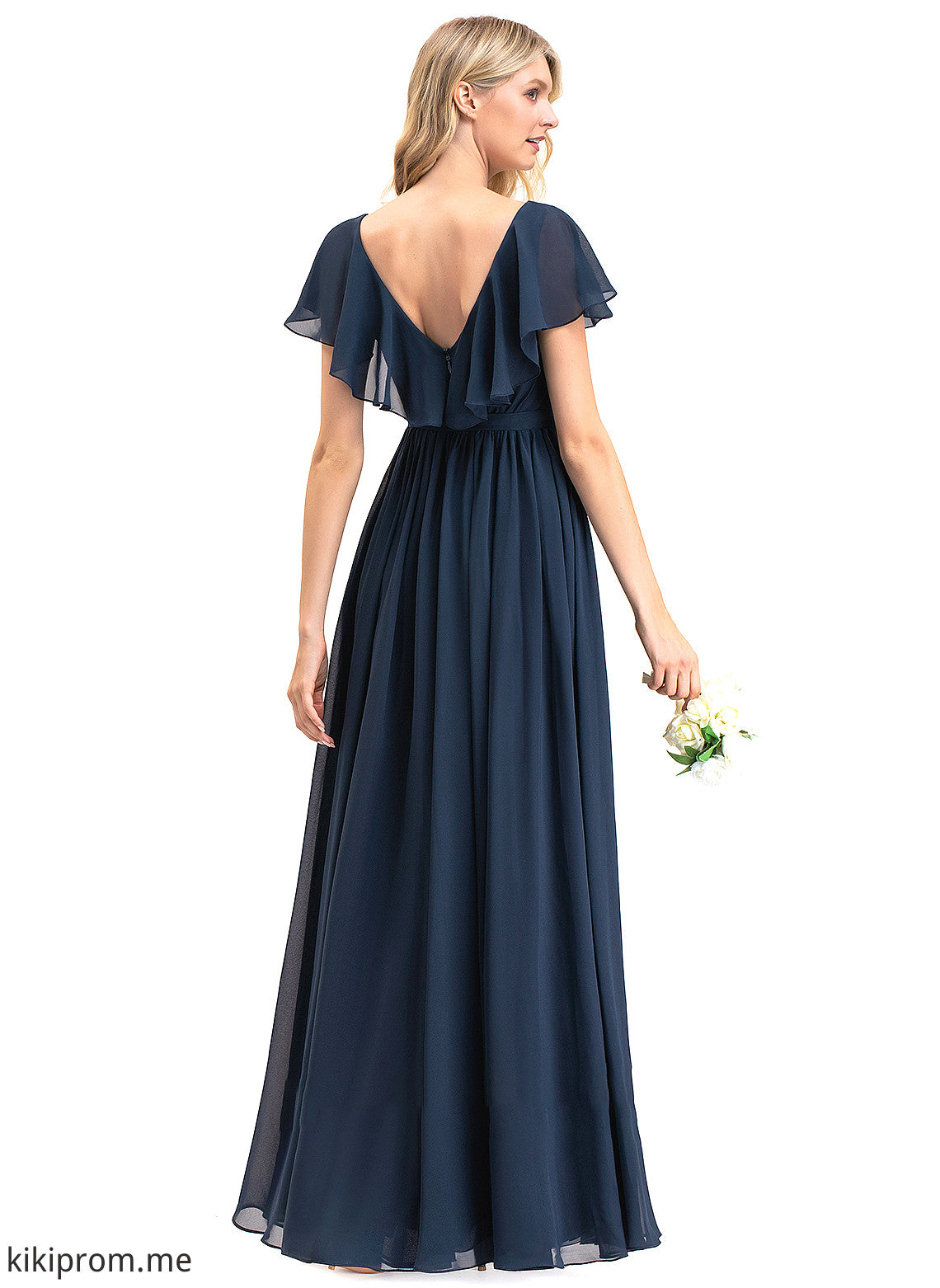 V-neck Chiffon With Split Bow(s) Floor-Length A-Line Prom Dresses Cascading Ruffles Front Sienna