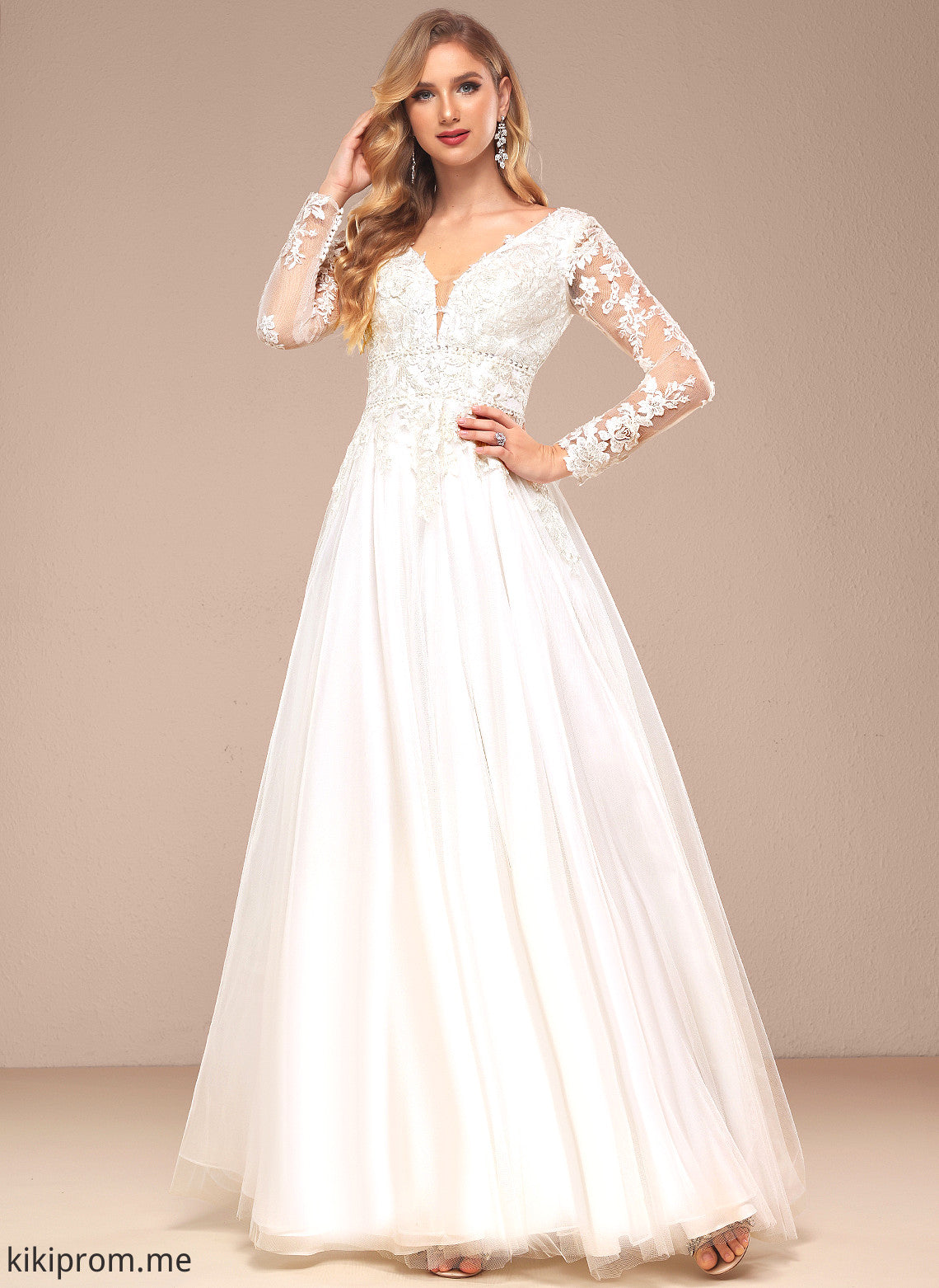 With Beading A-Line Sequins Lace Wedding Dresses Floor-Length Wedding Val Dress Tulle V-neck