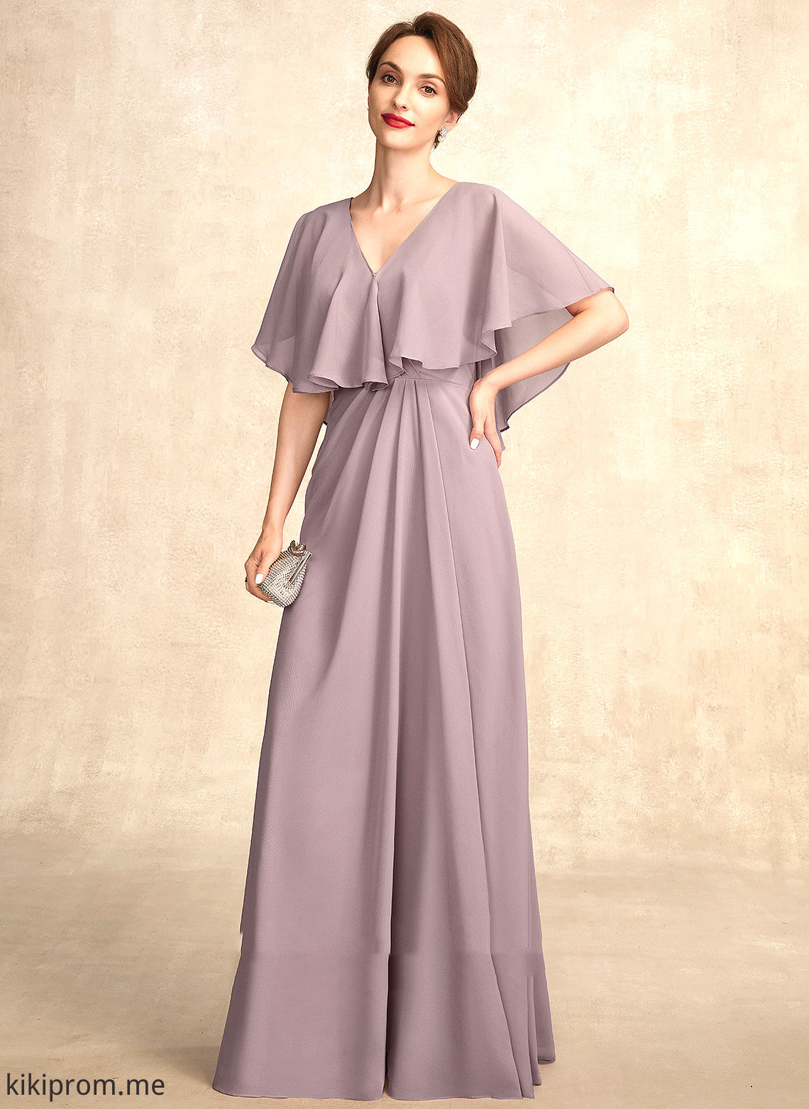 V-neck Elaina With Dress Ruffle of Mother Floor-Length the Bride Chiffon A-Line Mother of the Bride Dresses