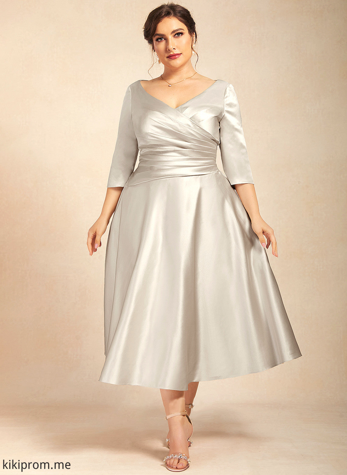 Bride Dress Ruffle A-Line Tea-Length of V-neck Mother With the Ashtyn Satin Mother of the Bride Dresses