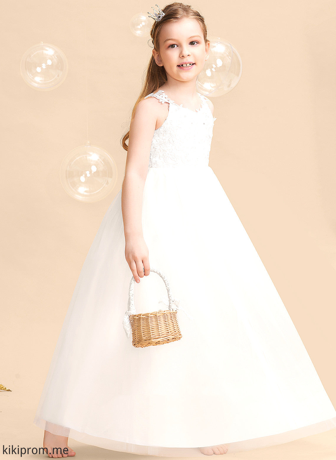 Girl Floor-length Flower Girl Dresses Beading/Bow(s) Sleeveless Flower Tulle/Lace Karlie Dress V-neck With - Ball-Gown/Princess