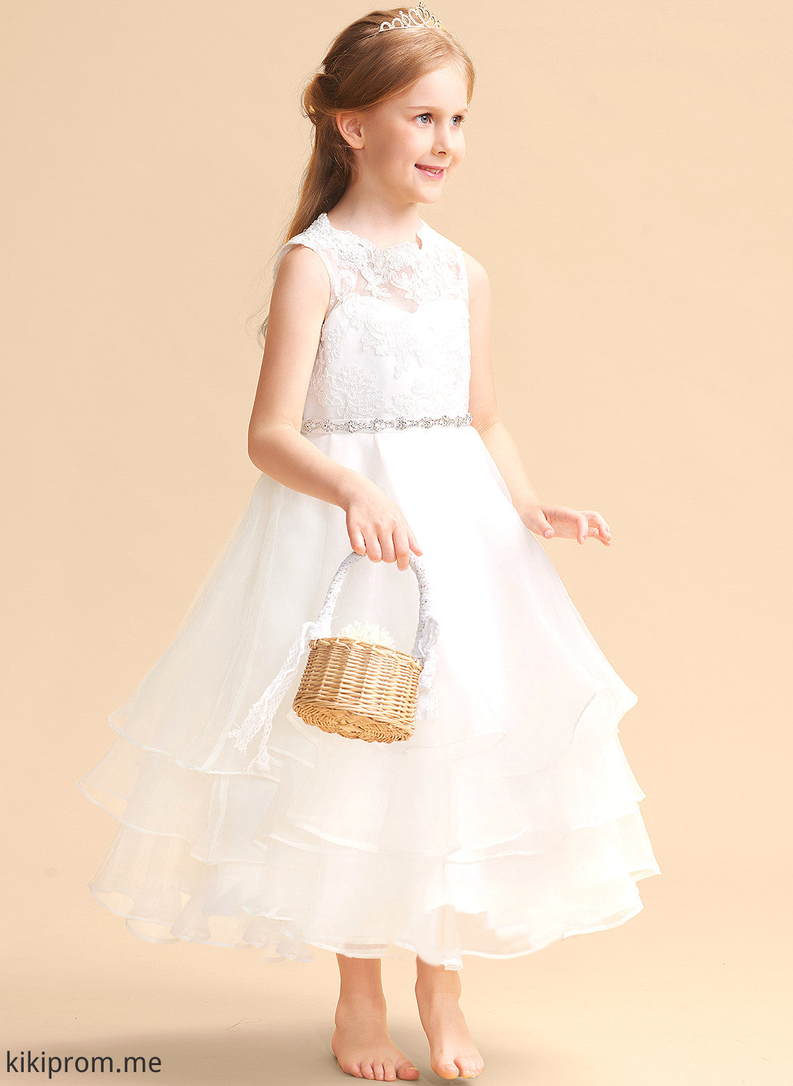 Scoop - Sleeveless Flower Girl Dresses Beading/Rhinestone Neck Organza/Lace Angelina Flower Girl A-Line Dress Tea-length With