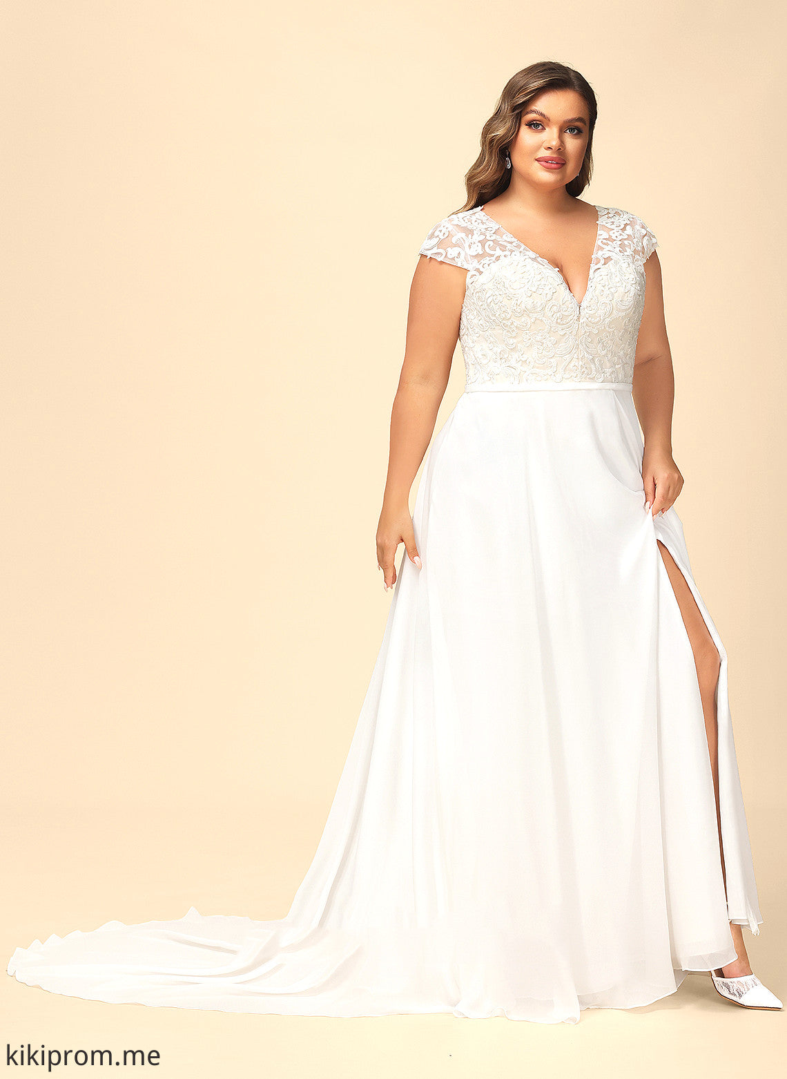 Wedding Dresses Wedding Split Train Lace A-Line V-neck Chiffon Dress Sweep With Front Mavis