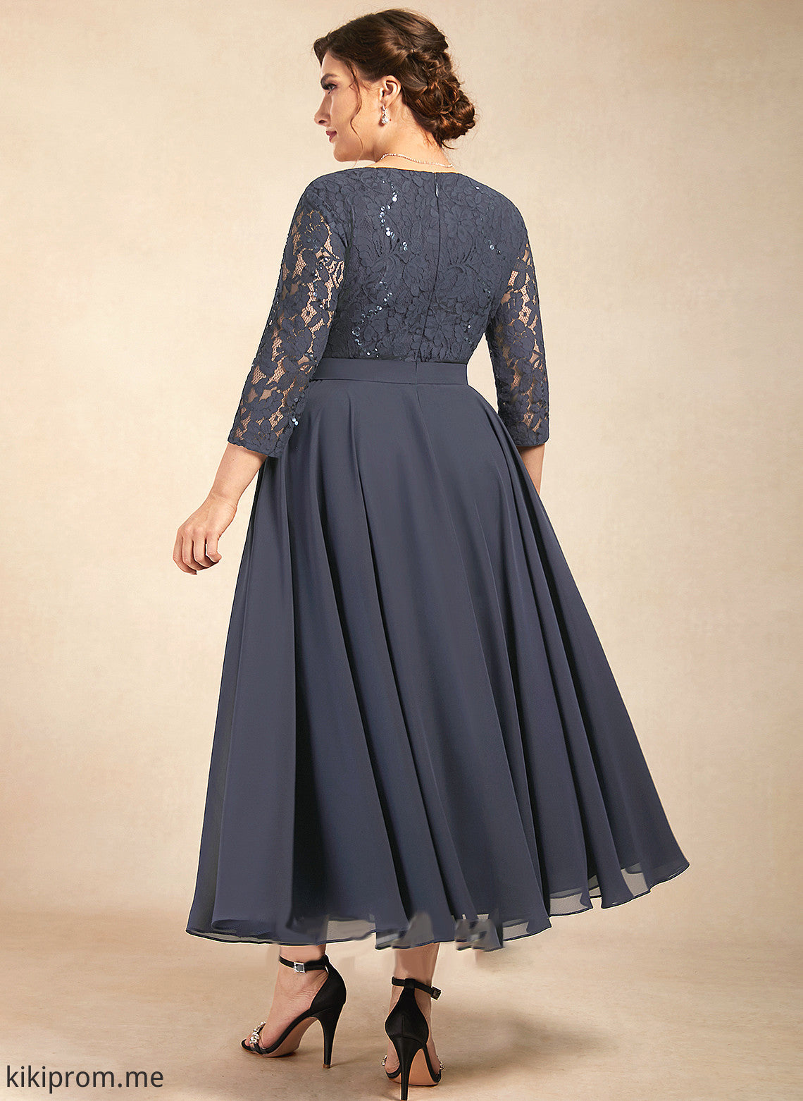 Dress Tea-Length Neck Chiffon the Mother Jessie Mother of the Bride Dresses Lace Sequins of With Scoop Bride A-Line