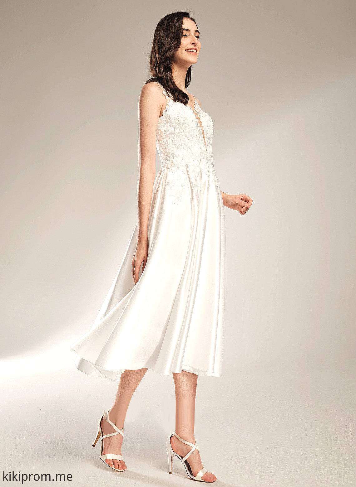 A-Line Wedding Dresses With Lace Wedding Pockets Jamie Satin Tea-Length Dress V-neck