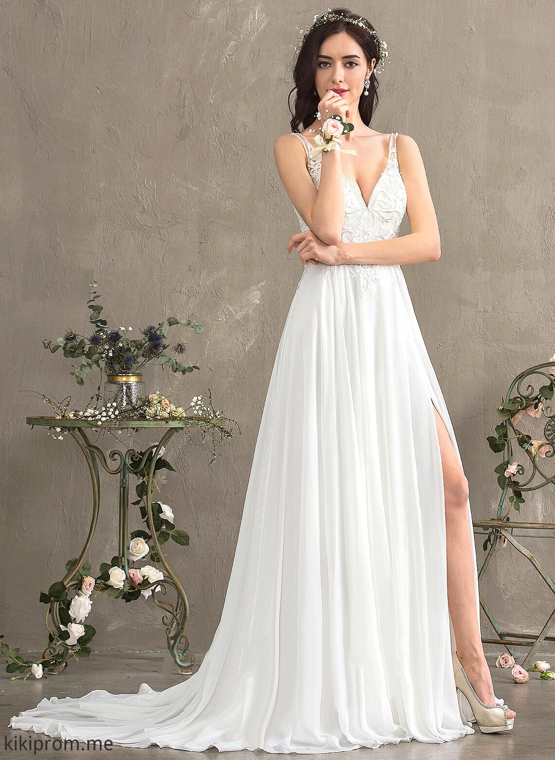 Beading Lace With Wedding Wedding Dresses Chiffon Dress Sweep A-Line Split Chelsea V-neck Front Train Sequins