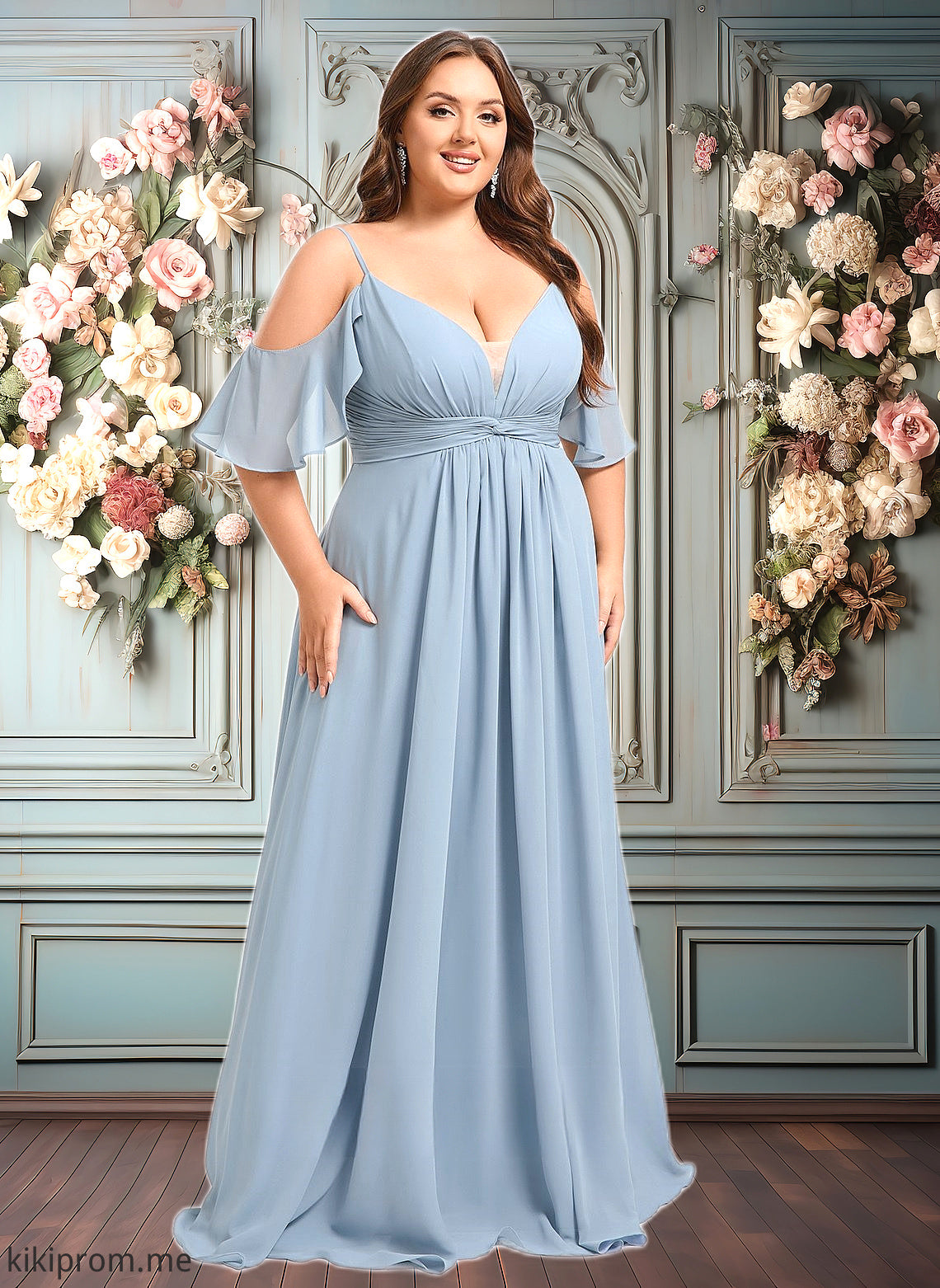 Carly A-line Cold Shoulder Floor-Length Chiffon Bridesmaid Dress With Ruffle HFP0025797