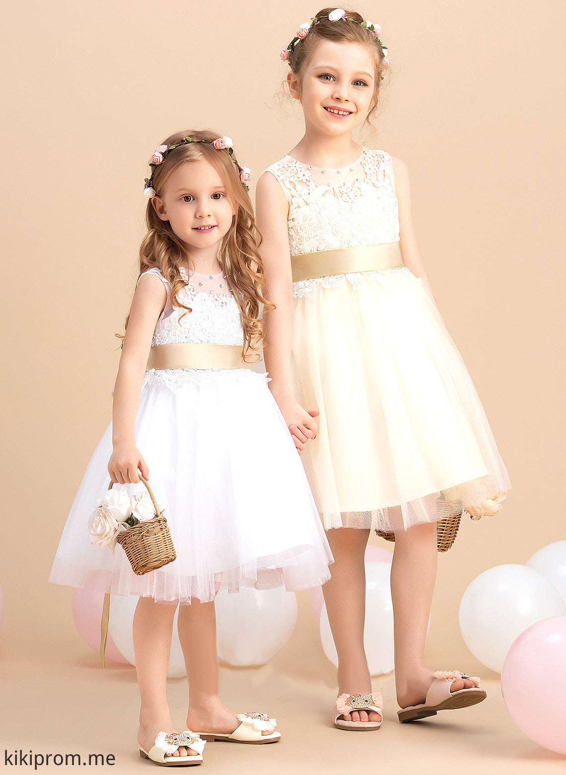 A-Line Neck Flower Girl Dresses Hole Flower Girl - With Hanna Scoop Sleeveless Knee-length Sash/Beading/Back sash) Tulle/Lace (Detachable Dress