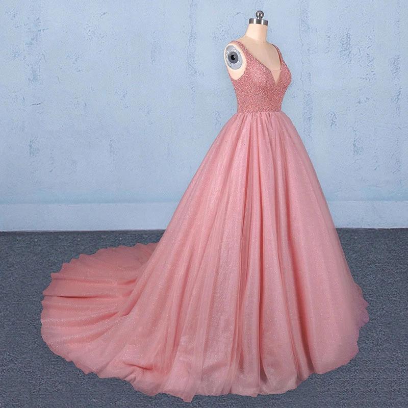 Ball Gown V Neck Tulle Prom Dress with Beads, Puffy Pink Sleeveless Quinceanera Dresses STF15074