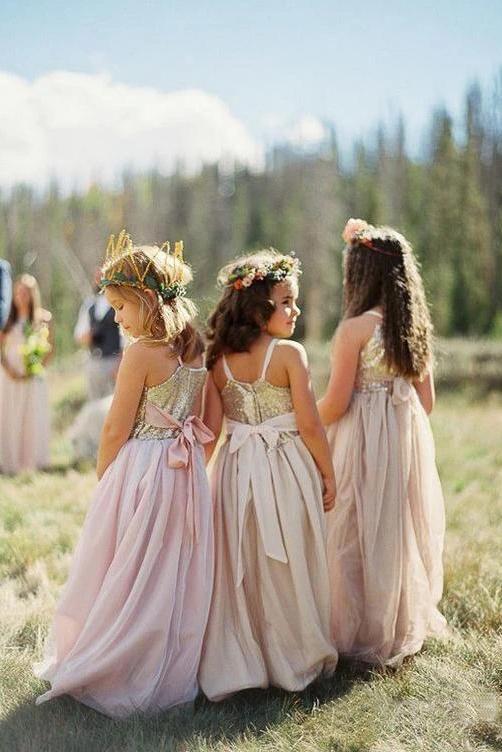 A line Blush Pink Flower Girl Dresses with Sash Gold Top Dresses for Kids STF15545