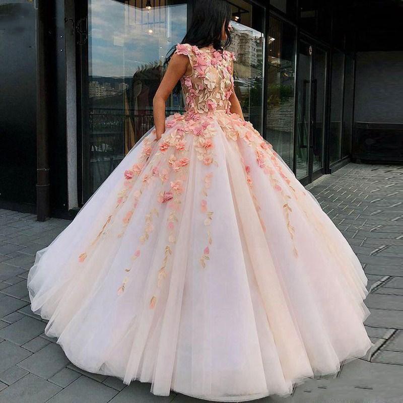 Princess Ball Gown Pink Tulle Prom Dresses with Handmade Flowers, Quinceanera STF15658