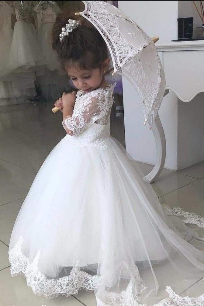 White Lace Appliques A Line Little Girls Dresses Half Sleeves V Neck Flower Girl Dresses PW547