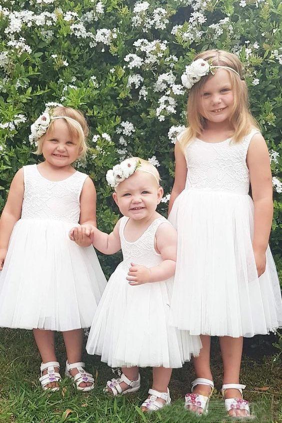 Cute A Line Lace Round Neck White Flower Girl Dresses with Tulle, Baby Dresses STF15134