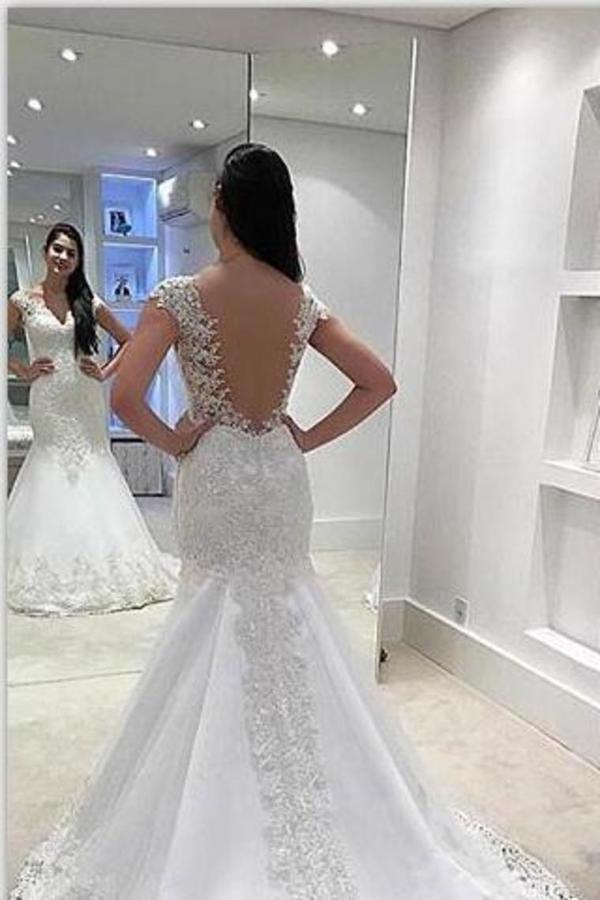 2024 Mermaid/Trumpet V-Neck Tulle Wedding Dresses With Appliques Cap Sleeves PX5H5FR5