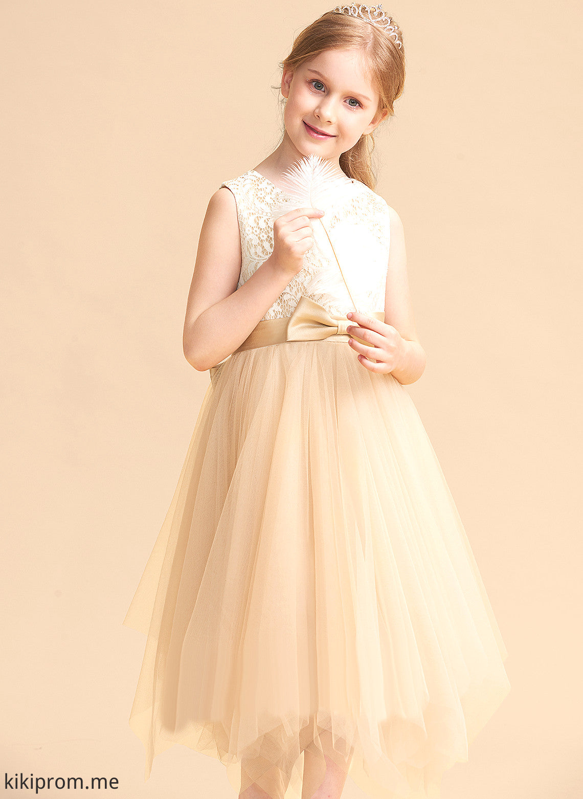 Girl Tulle Neck Tea-length Dress - Flower Lace/Bow(s) Lauryn Sleeveless With A-Line Scalloped Flower Girl Dresses