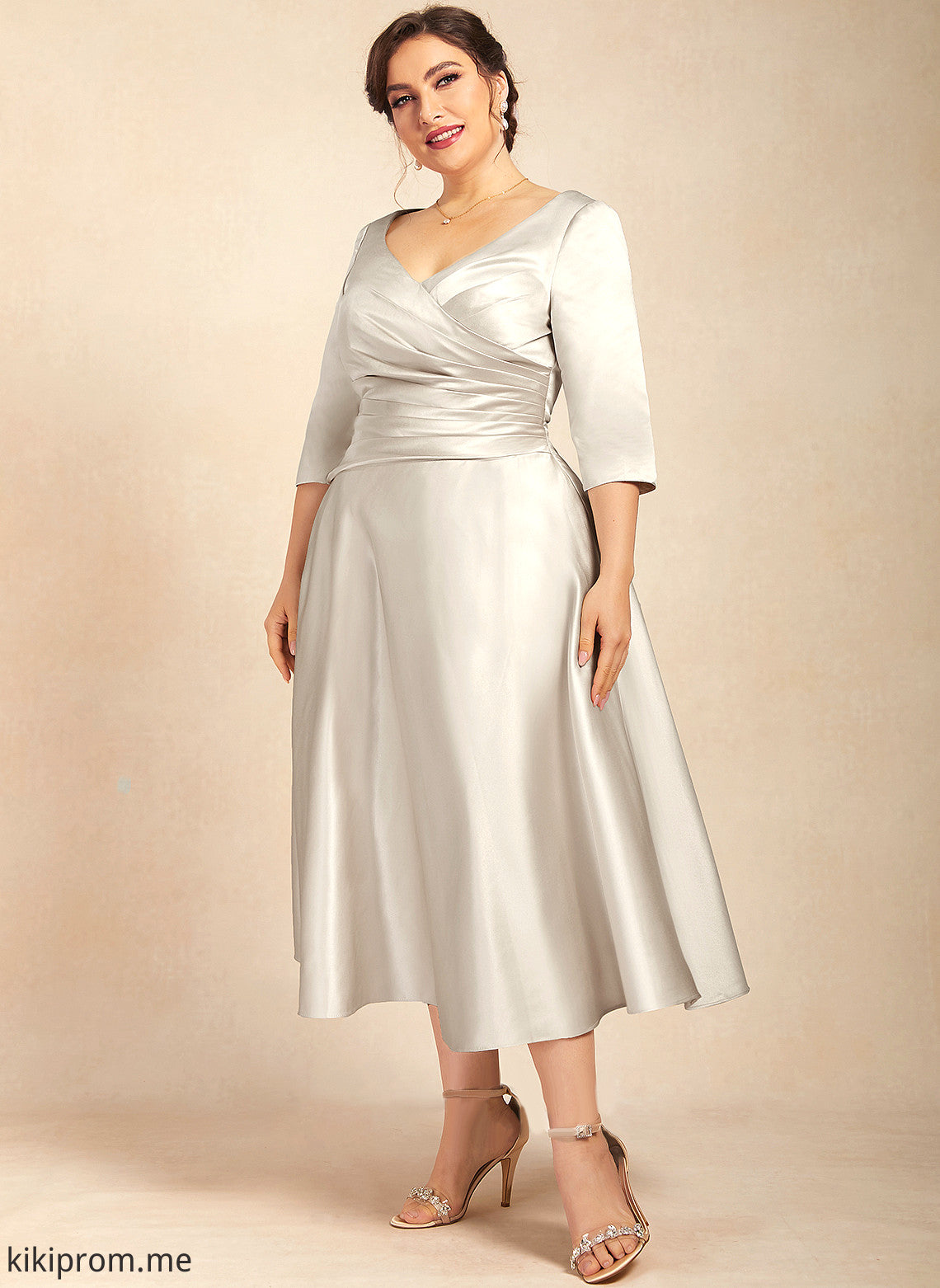 Bride Dress Ruffle A-Line Tea-Length of V-neck Mother With the Ashtyn Satin Mother of the Bride Dresses