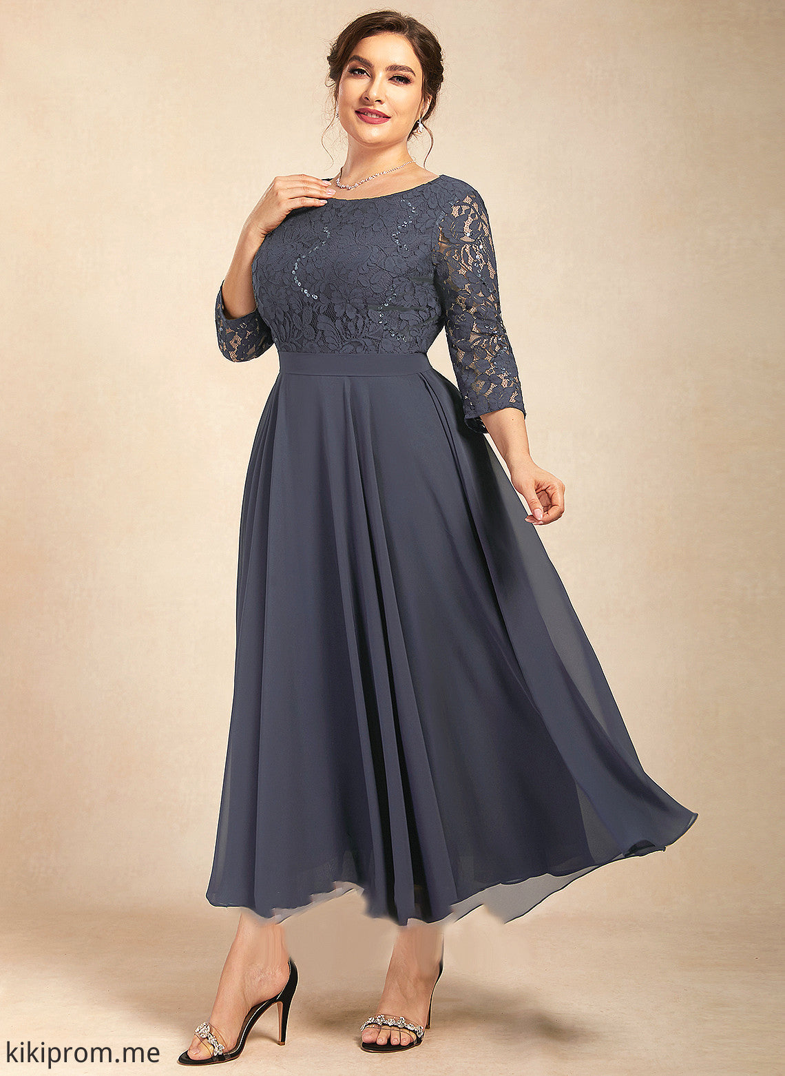 Dress Tea-Length Neck Chiffon the Mother Jessie Mother of the Bride Dresses Lace Sequins of With Scoop Bride A-Line