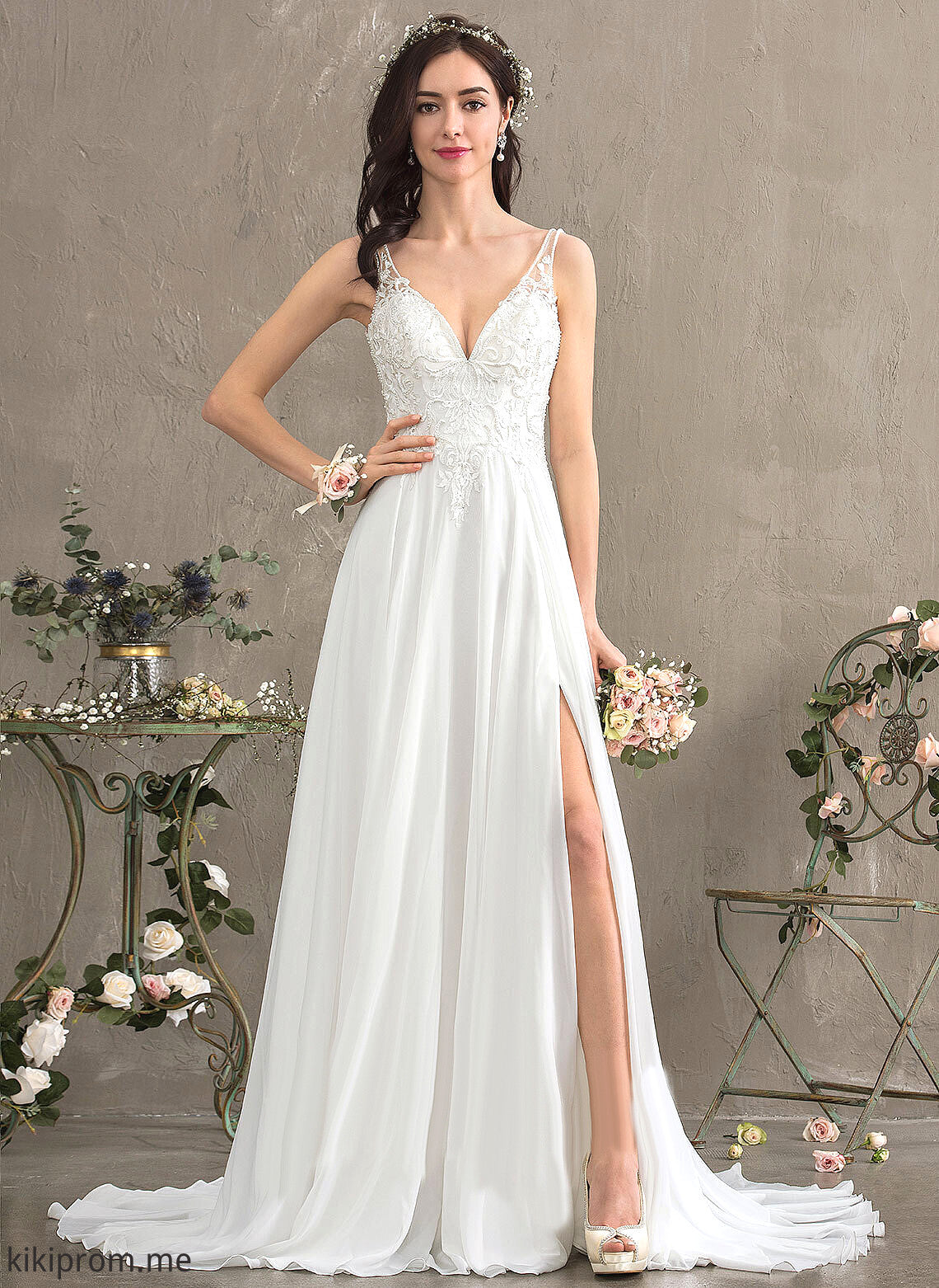 Beading Lace With Wedding Wedding Dresses Chiffon Dress Sweep A-Line Split Chelsea V-neck Front Train Sequins