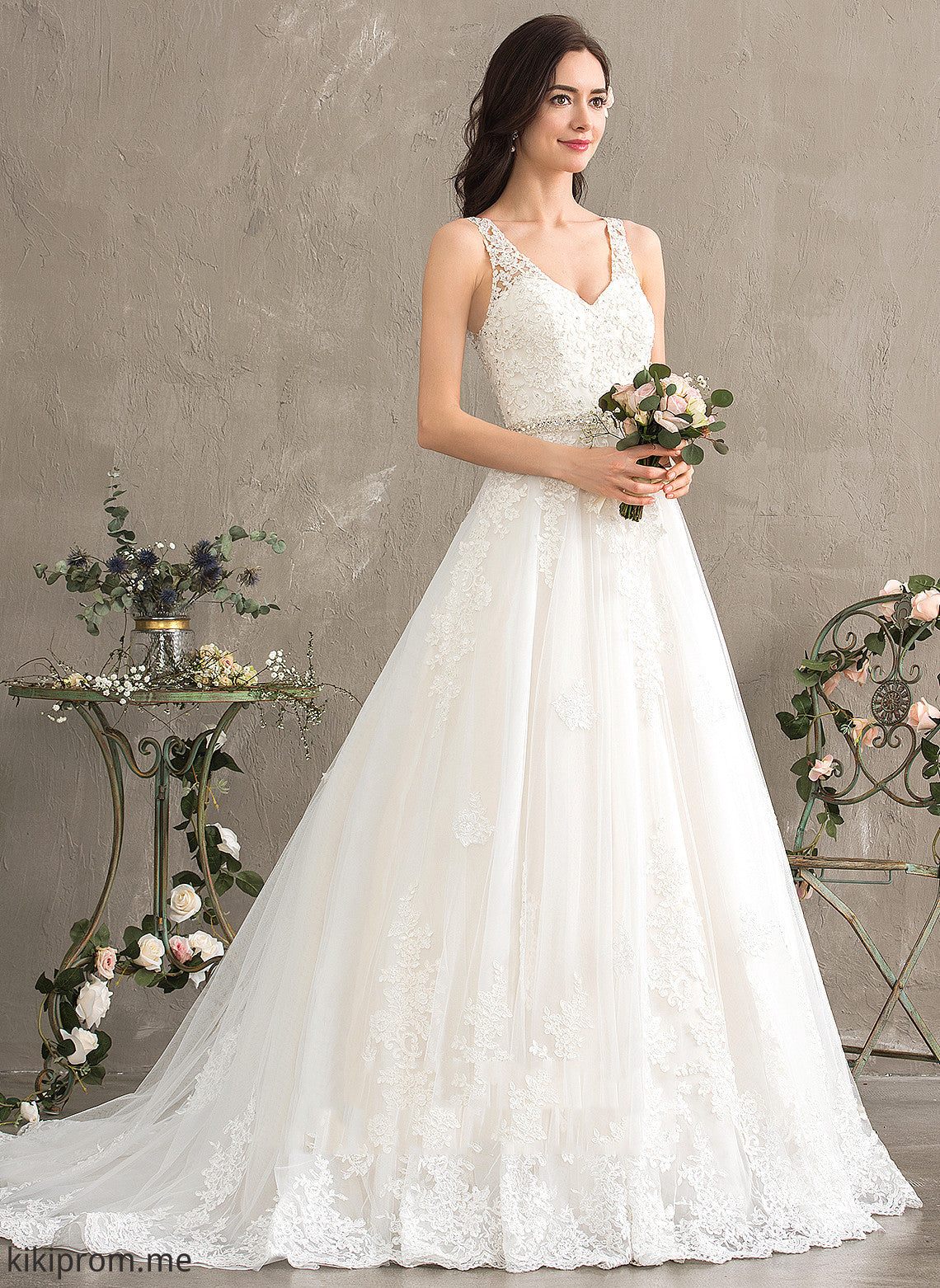 Sequins Beading Court Miah Ball-Gown/Princess V-neck Train Wedding Tulle Wedding Dresses With Dress Lace