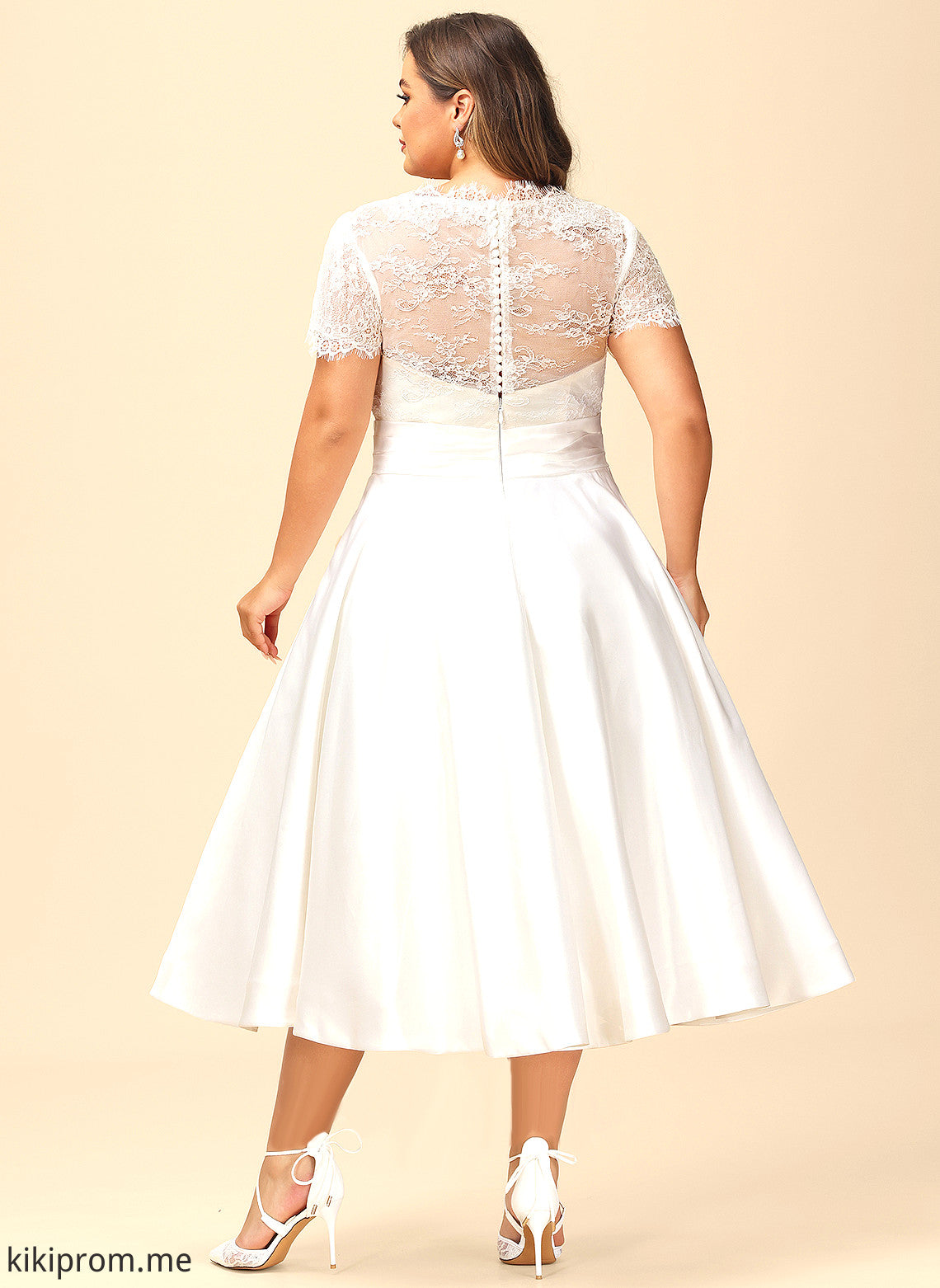 Tea-Length Wedding Dresses Lace Allison Dress Ruffle V-neck Wedding A-Line Satin Pockets With