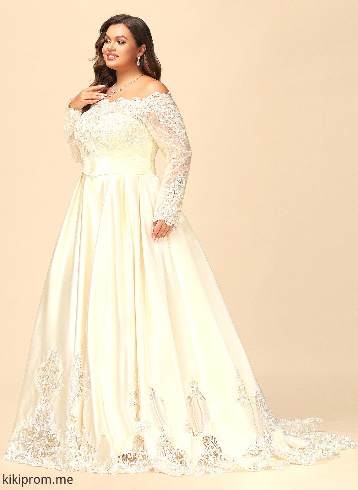 Satin Wedding Dresses With Train Dress Wedding Kaleigh Ball-Gown/Princess Beading Sweep Lace Sequins Off-the-Shoulder