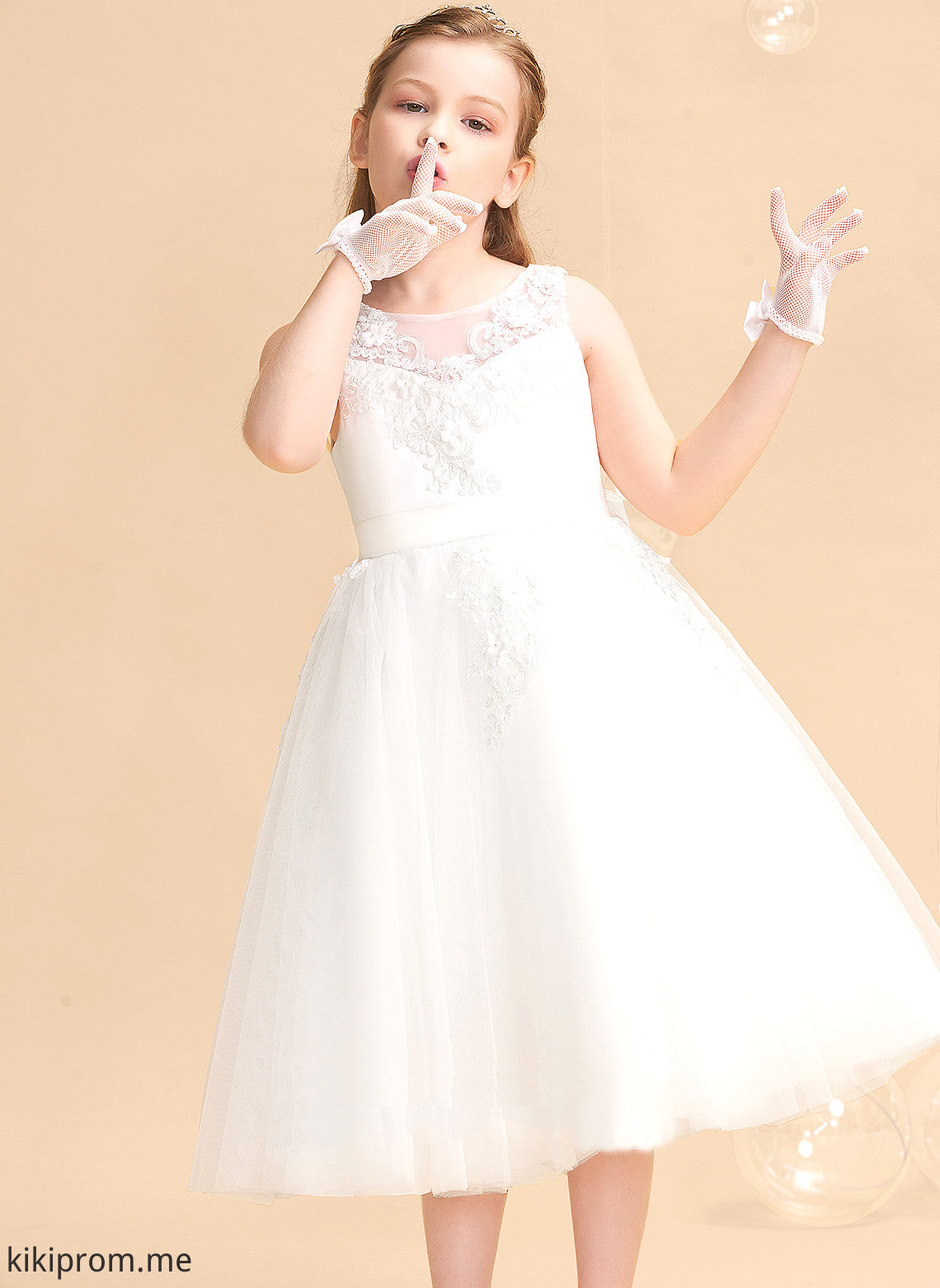 Girl With Neck Beading/Flower(s) Daniella - Tulle/Lace Scoop Tea-length Flower Girl Dresses Dress Sleeveless A-Line Flower