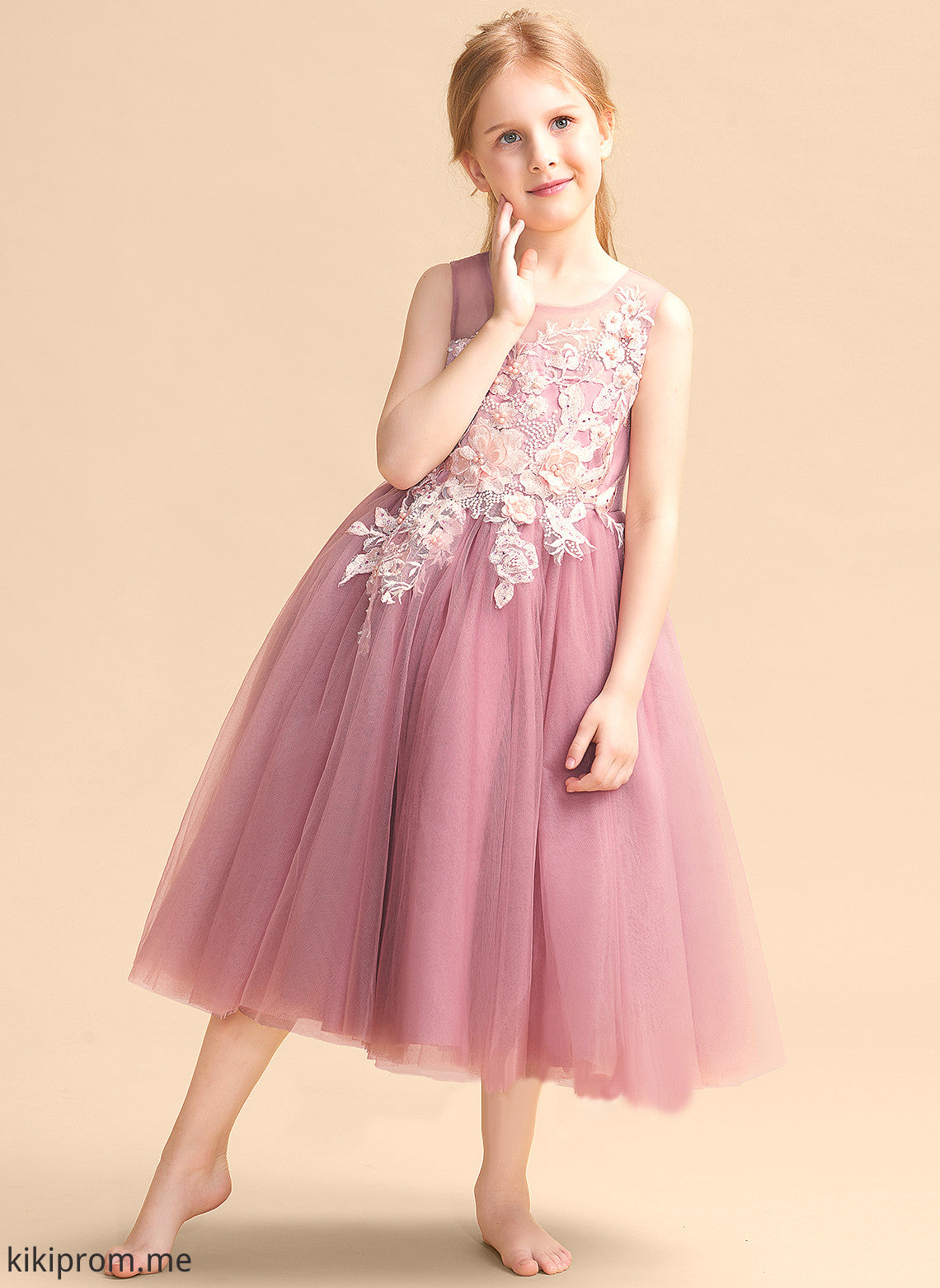 Tulle Sleeveless Girl Scoop Dress Flower Neck Jordin With Flower Girl Dresses Tea-length Lace/Beading - Ball-Gown/Princess