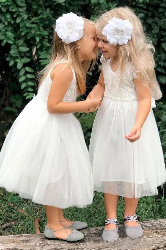 Cute A Line Lace Round Neck White Flower Girl Dresses with Tulle, Baby Dresses STF15134