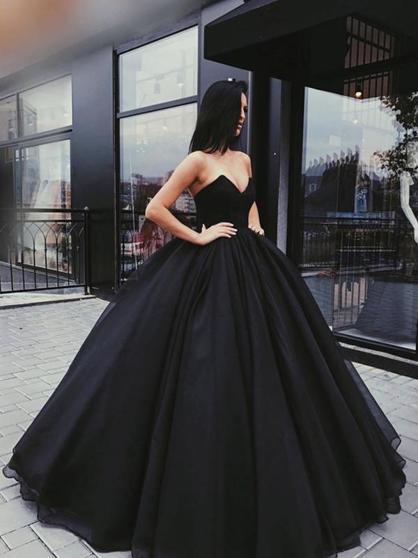 Black Sweetheart Ball Gown Beaded Princess Cheap Strapless Prom Quinceanera Dresses