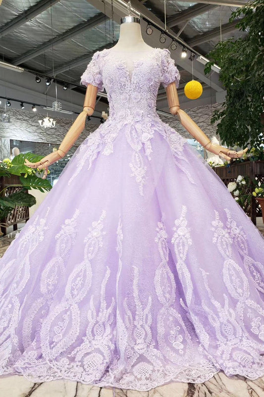 Unique Short Sleeve Lilac Ball Gown Appliques Beading Prom Dress Quinceanera Dress