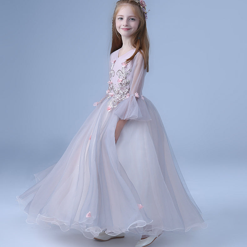 Cute V Neck Long Sleeves Tulle Floor Length A Line With Appliques Flower Girl Dresses