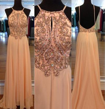 A-line Spaghetti Straps Sleeveless Backless Chiffon Long Orange Halter Beads Prom Dresses