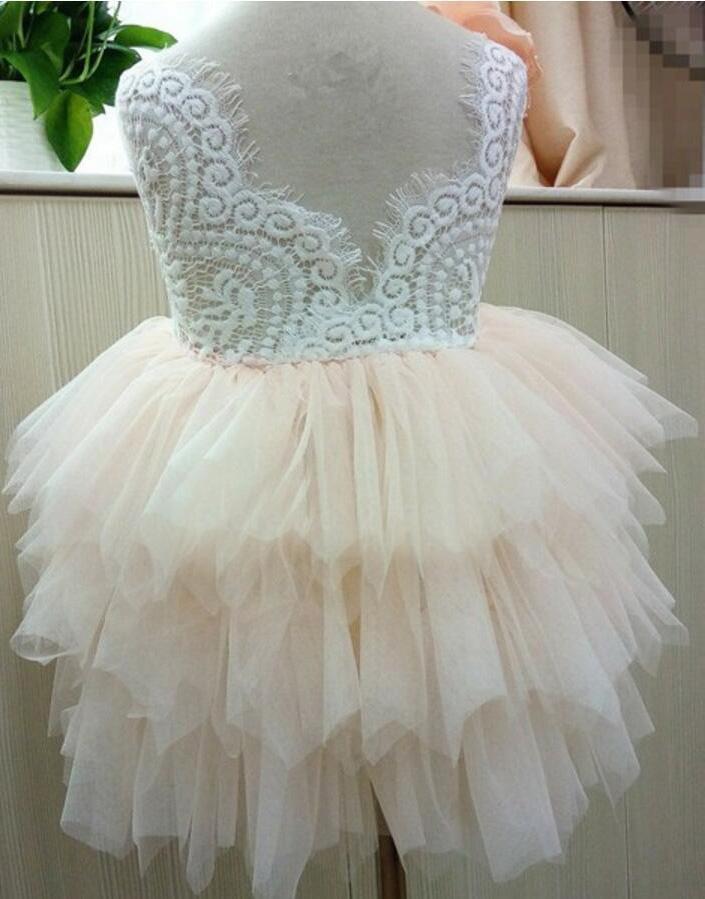 Princess Cute Pink Lace Tulle Flower Girl Dresses Layered Open Back Lovely Tutu Dresses