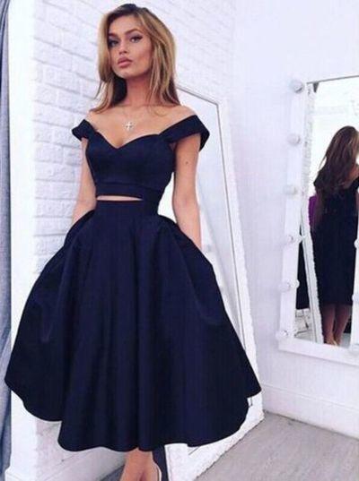 Vintage Style A-line Two-piece Off-the-shoulder A-line Dark Navy Homecoming Dress