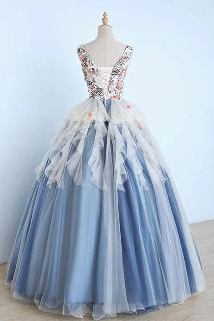 Princess Ball Gown Appliques Blue Tulle Prom Dresses, Sweet 16 Dress, Quinceanera Dress STF15289